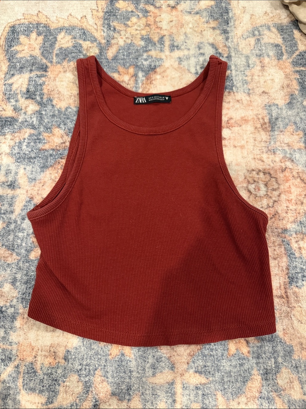 Zara Ribbed Crop Tank Top — Brick Red